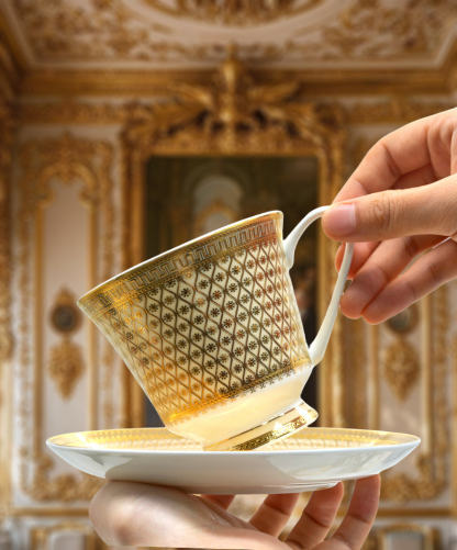 European Style Ceramic Coffee Cup Set,9.5 0z 280ml/cc Bone China Exquisitely Gold Afternoon tea Set for Women's TeaParty,Gift for Parents and Loved Ones