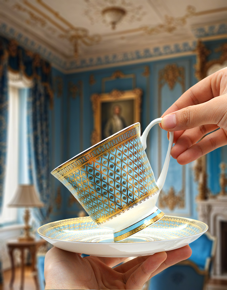 BoneChina 9.5 0z(280ml/cc )Coffee Tea Cups and Saucers Set for wedding TeaParty or Women Gift Golden Blue and White color 