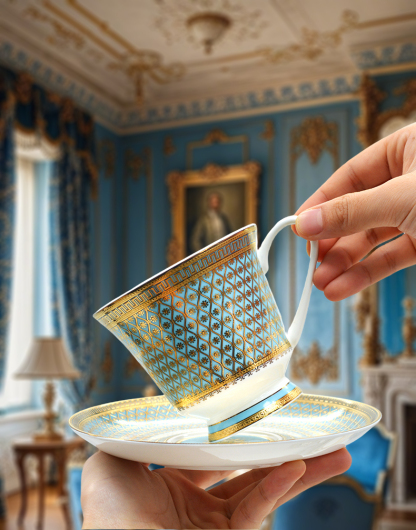 BoneChina 9.5 0z(280ml/cc )Coffee Tea Cups and Saucers Set for wedding TeaParty or Women Gift Golden Blue and White color 