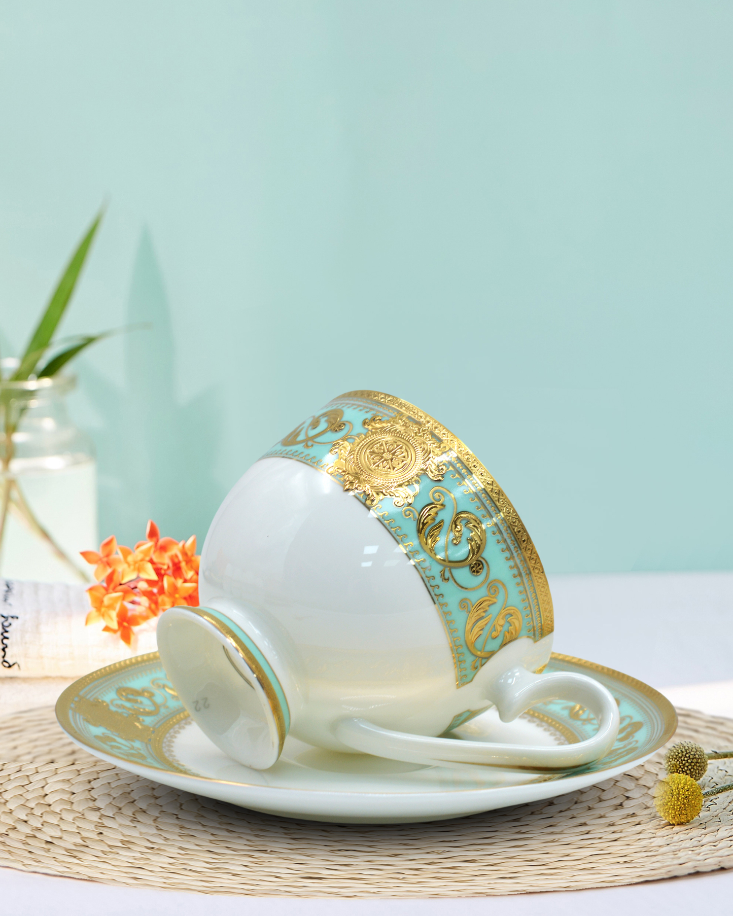 Top selling porcelain embossed gold trim coffee tea cup saucer set luxury with gift box