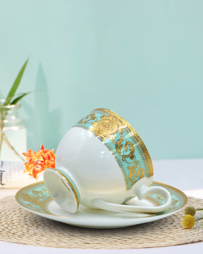 Top selling porcelain embossed gold trim coffee tea cup saucer set luxury with gift box