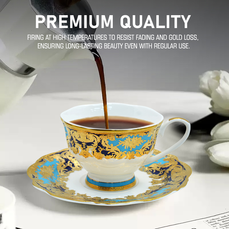 Turkish English porcelain bone china embossed durable gold trim coffee tea cup saucer set with luxury gift box