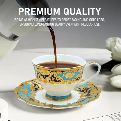 Turkish English porcelain bone china embossed durable gold trim coffee tea cup saucer set with luxury gift box