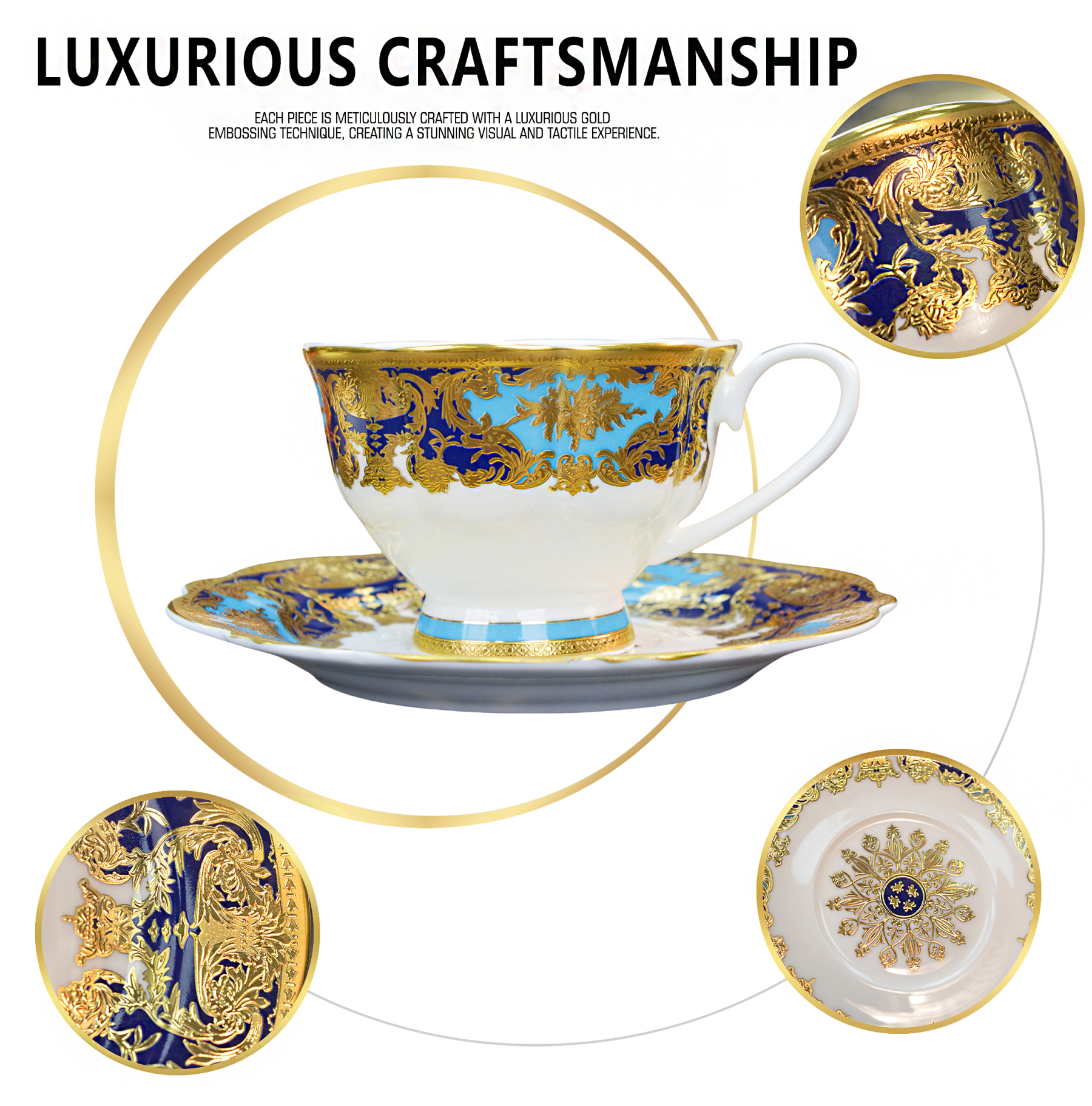 Turkish English porcelain bone china embossed durable gold trim coffee tea cup saucer set with luxury gift box