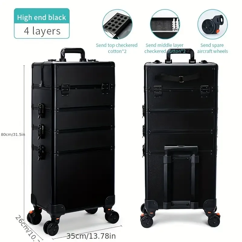4 in1 Aluminum Rolling Makeup Case With Keylock Black