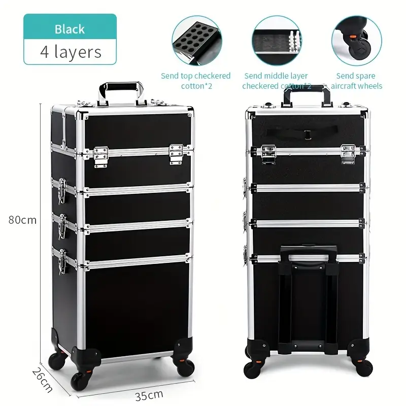 4 in1 Aluminum Rolling Makeup Case With Keylock Black