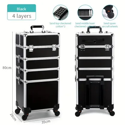 4 in1 Aluminum Rolling Makeup Case With Keylock Black