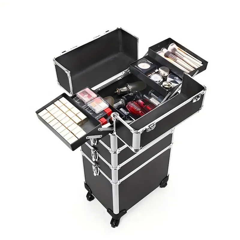 4 in1 Aluminum Rolling Makeup Case With Keylock Black