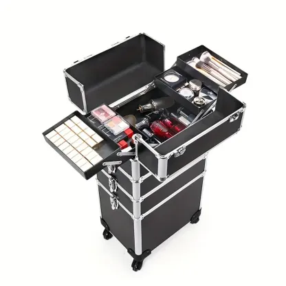 4 in1 Aluminum Rolling Makeup Case With Keylock Black