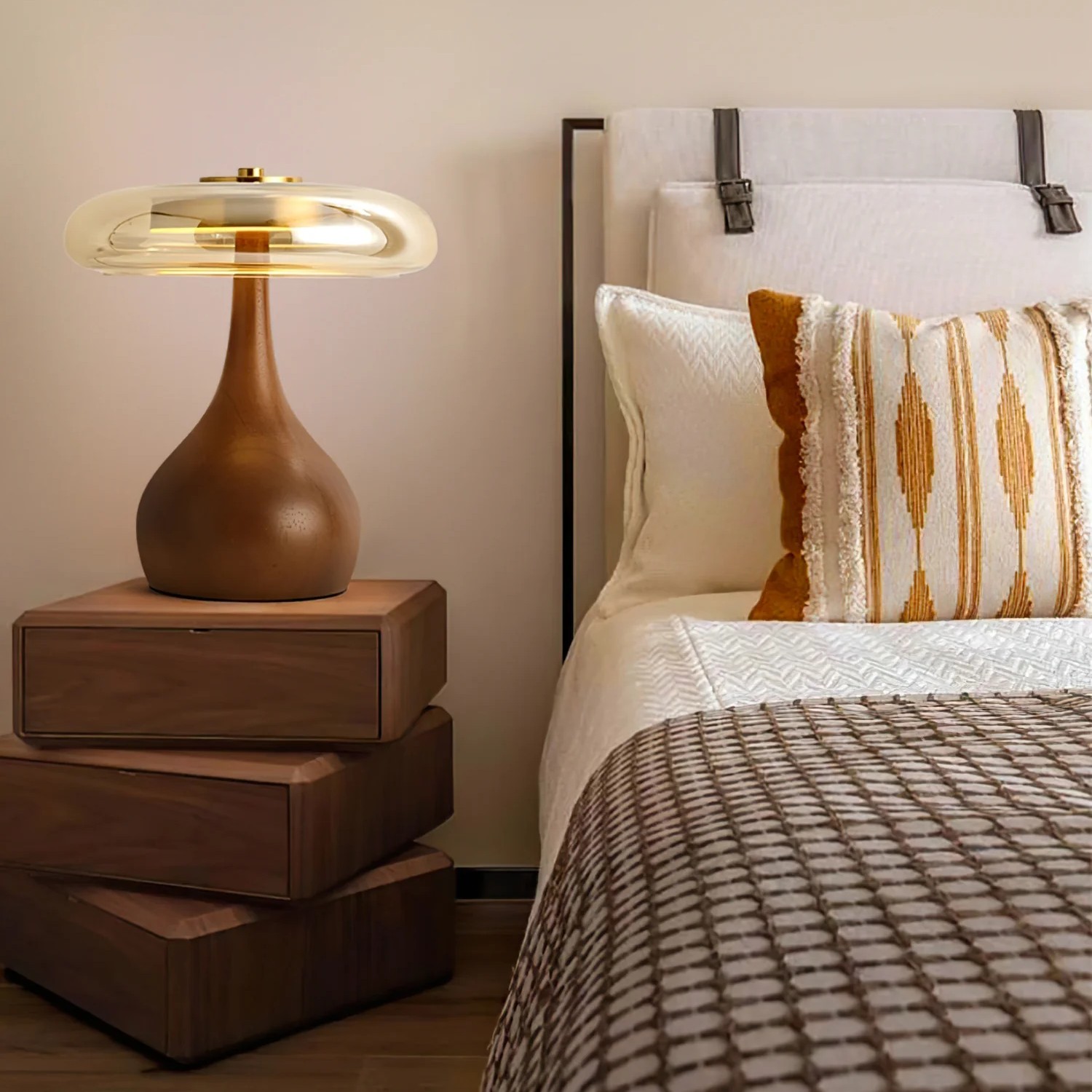 Ozawa Vintage Vetro Legno Ottone Lampada da tavolo Camera da letto Sala da pranzo