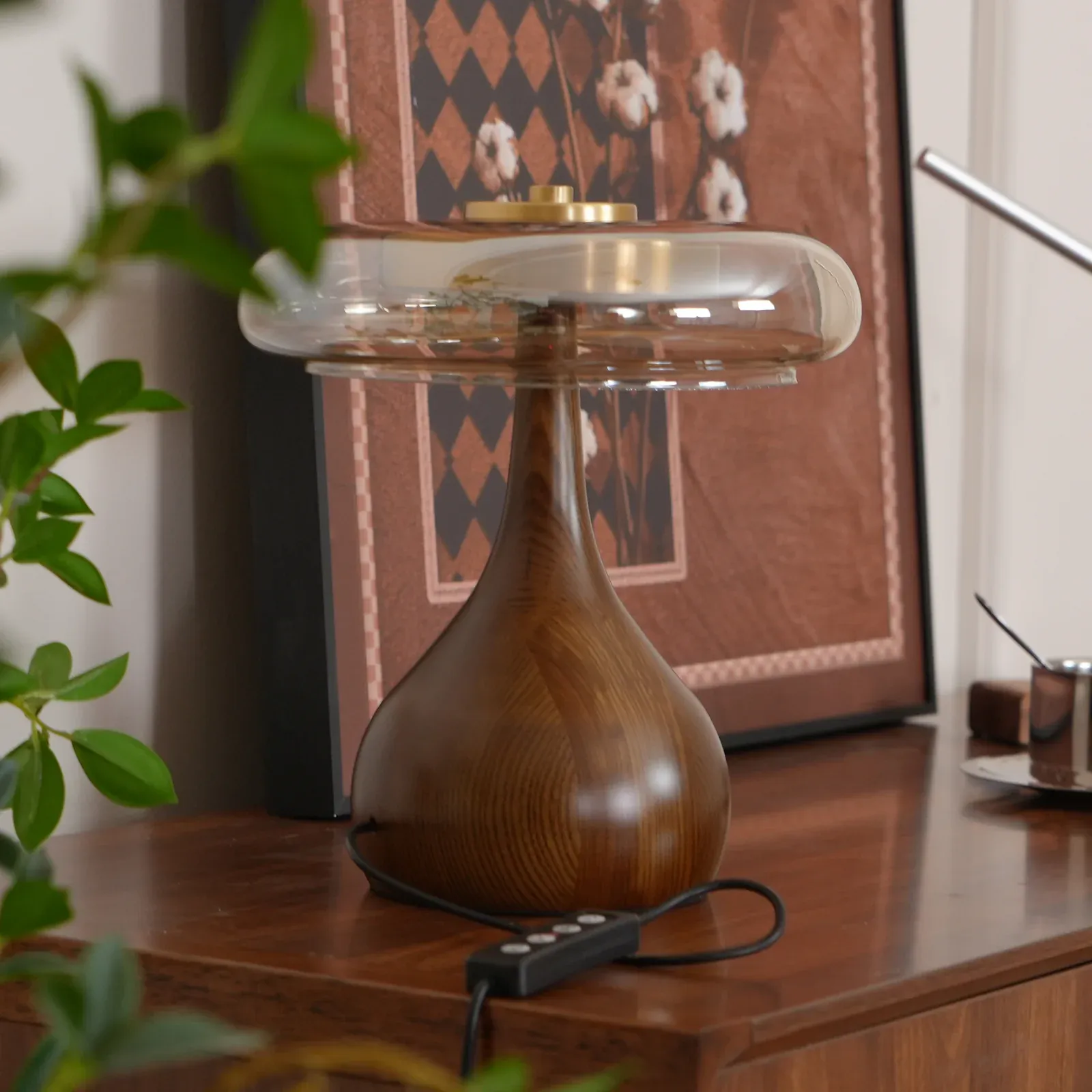 Ozawa Vintage Glass Wood Brass Table Lamp Bedroom Dining Room