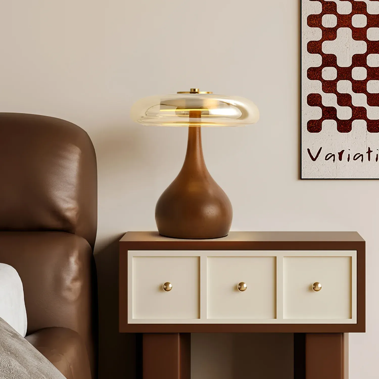 Ozawa Vintage Glass Wood Brass Table Lamp Bedroom Dining Room