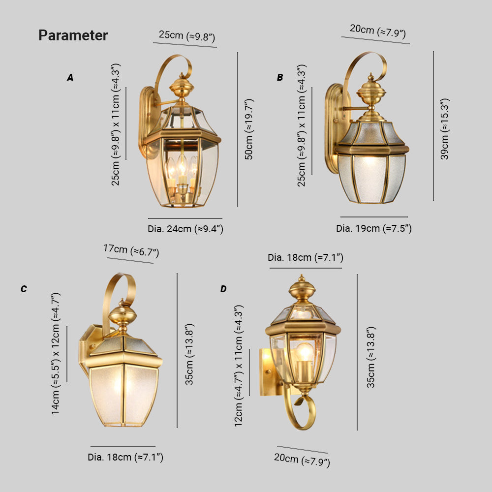 Alessio Metallo LED Applique da Esterno Lanterna Oro Vintage Metallo Vetro Soggiorno/Camera da Letto