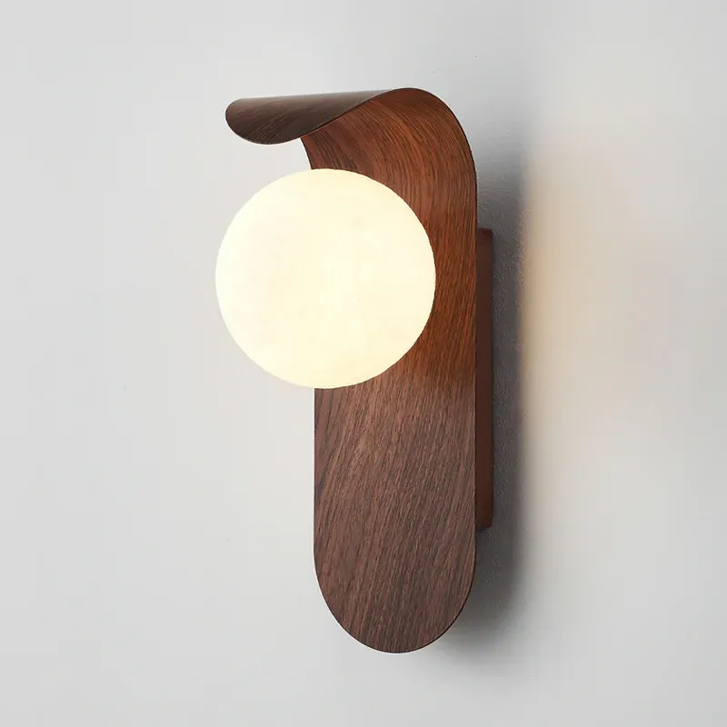 Muto Wall Lamp: Walnut wood with frosted globe, Lassola