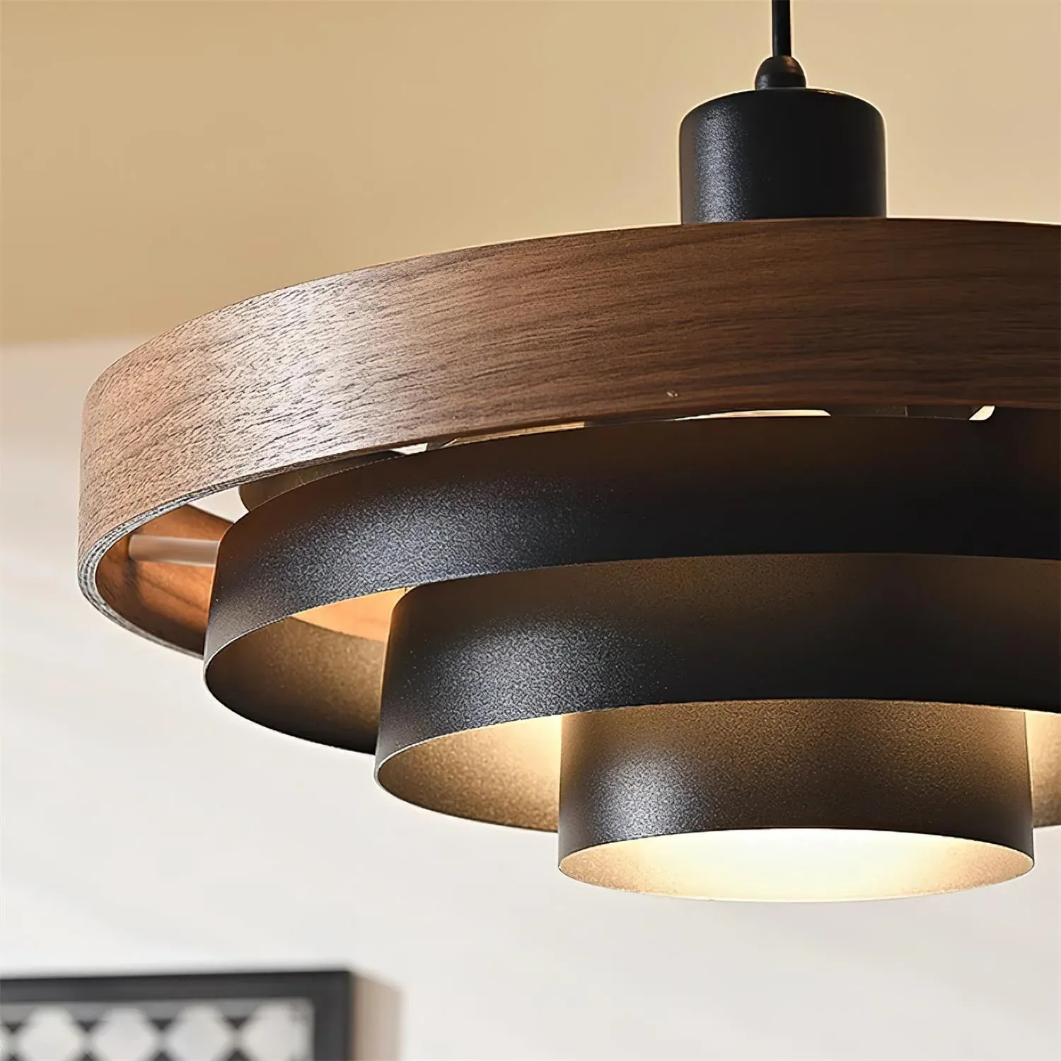 Muto Moderno Rotonda Metallo Legno Lampada a sospensione Sala da pranzo Soggiorno