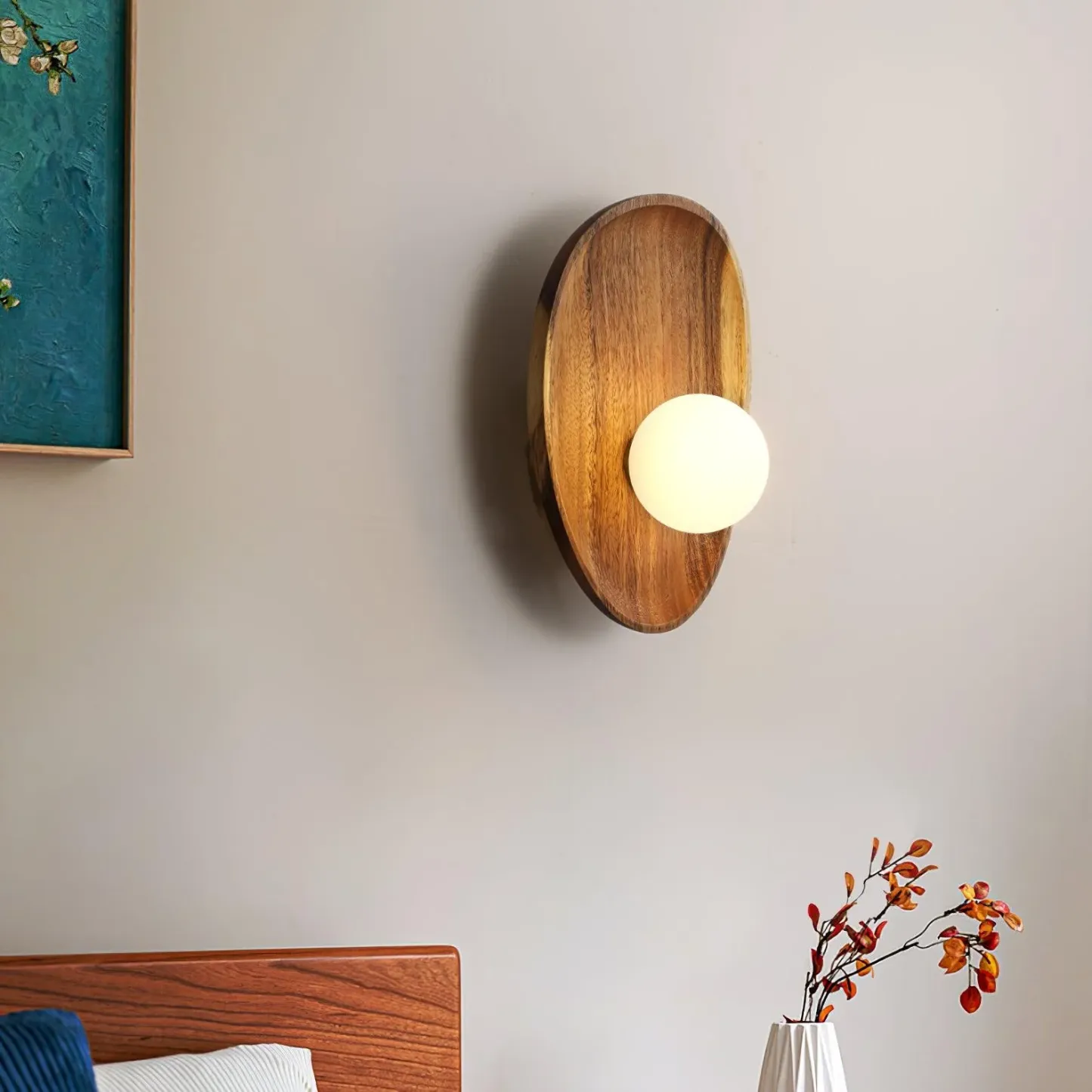 Muto Natural Wood Glass Walnut Wall Lamp Bedroom Living Room