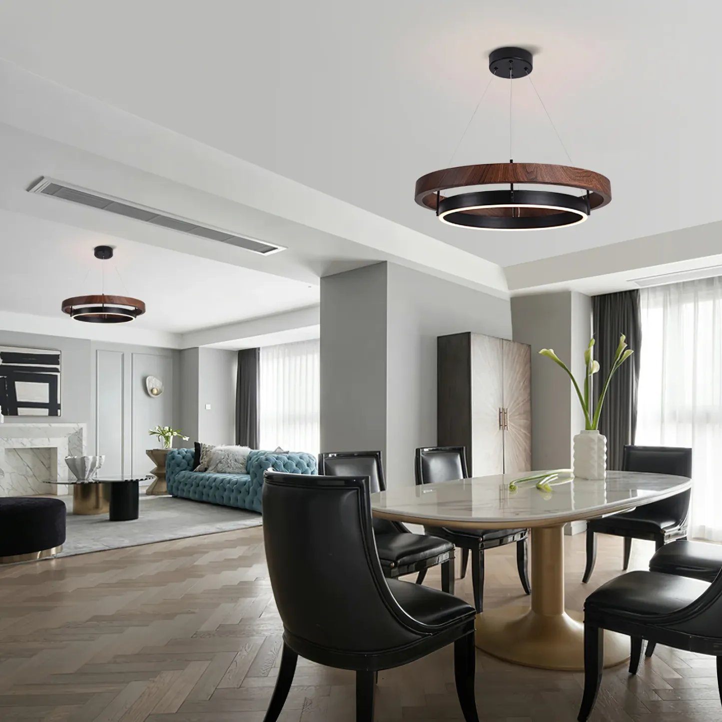 Muto Modern Round Metal Wood Chandelier Dining Living Room Bedroom