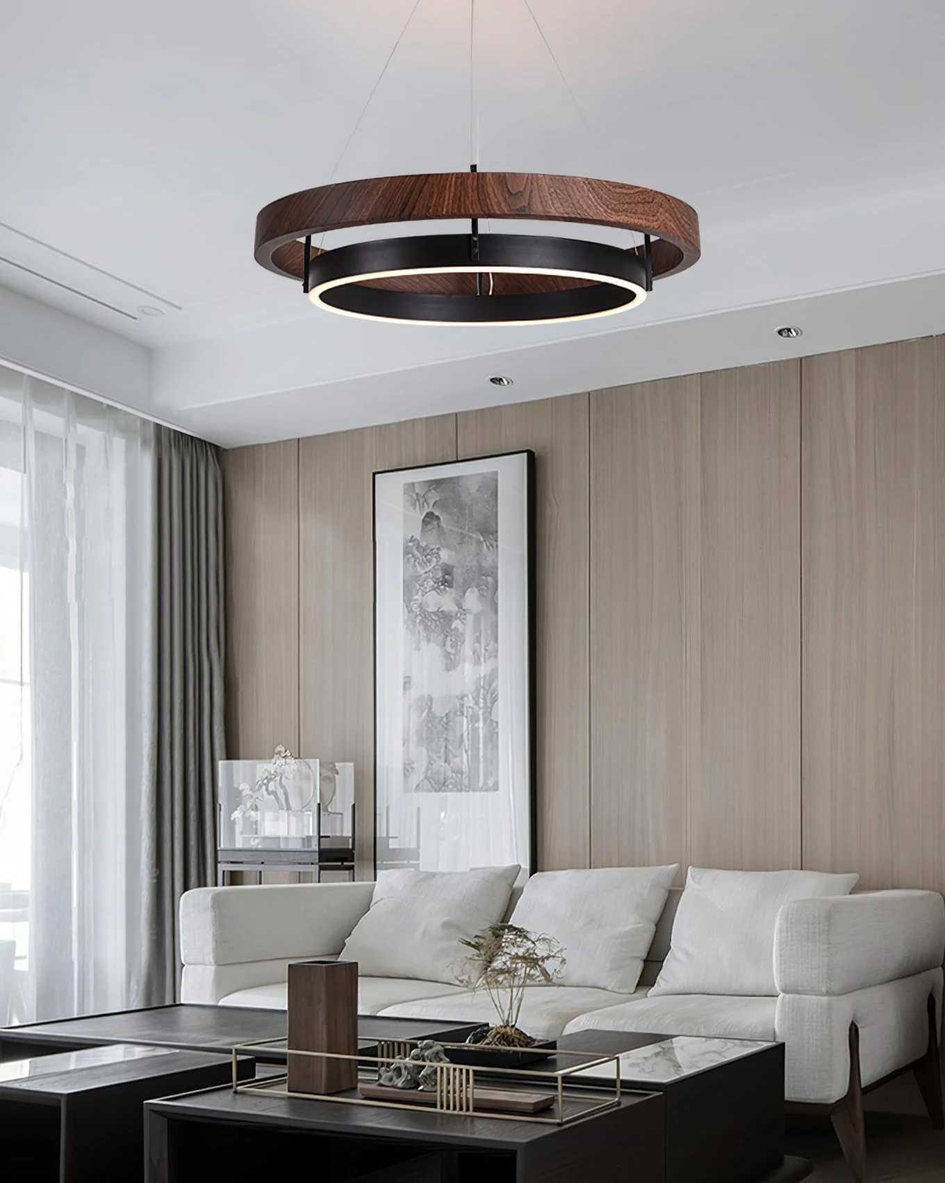 Muto Modern Round Metal Wood Chandelier Dining Living Room Bedroom