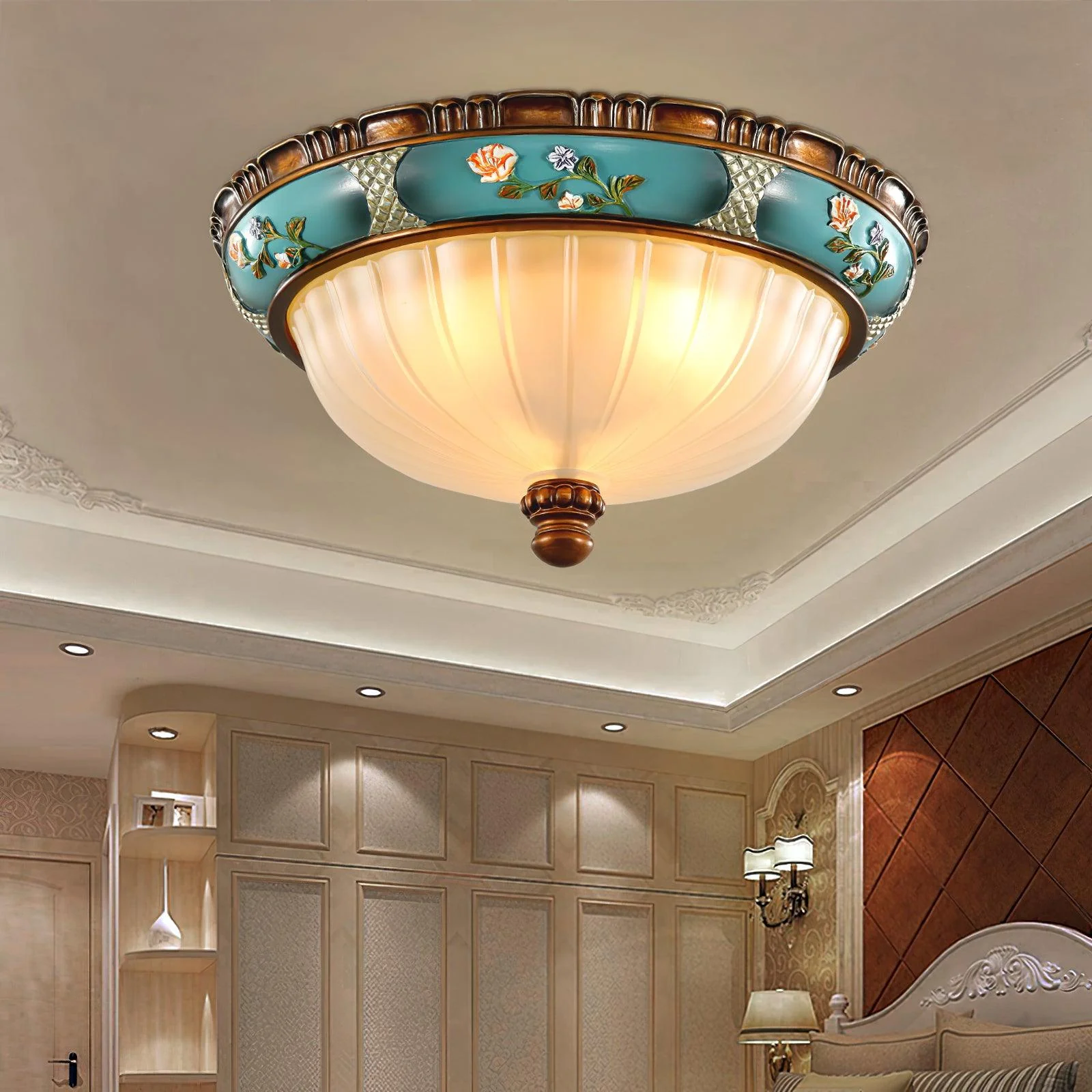 Jade Vintage Classico Rotondo Vetro Soffitto Luce Paralumi Camera da letto