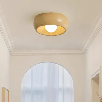 Round Wood Ceiling Light Fixture in Hallway