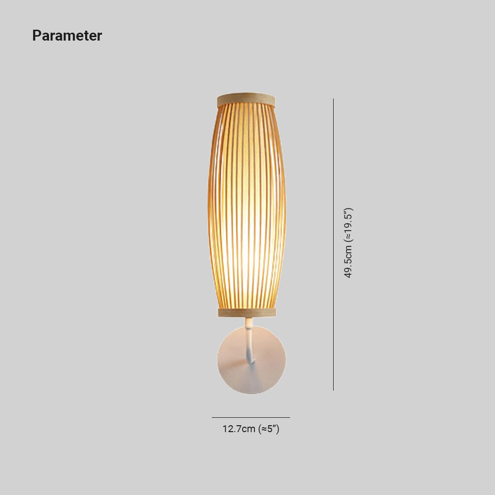 Muto Japanese Cylindrical Bamboo Rattan Wall Lamp, Wood