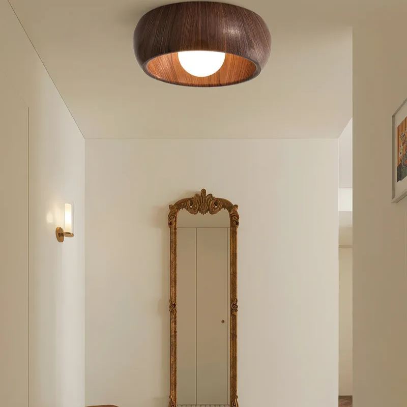 Muto Round Wood Ceiling Light Fixture in Hallway with Mirror