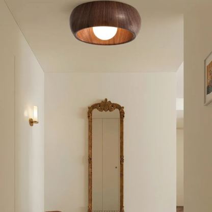 Muto Round Wood Ceiling Light Fixture in Hallway with Mirror