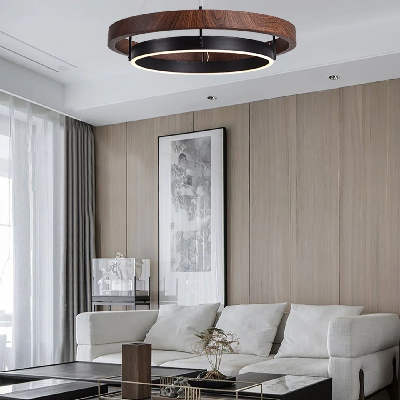 Muto Modern Round Metal Wood Chandelier Dining Living Room Bedroom