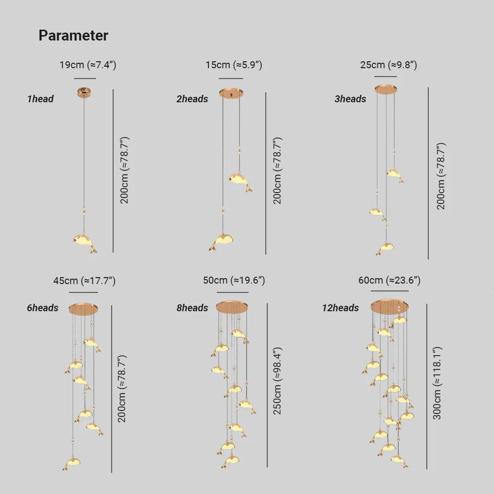 Jibril Moderno LED Delfino Metallo Lampade a Sospensione Oro Metallo/Acrilico Soggiorno/Camera da Letto