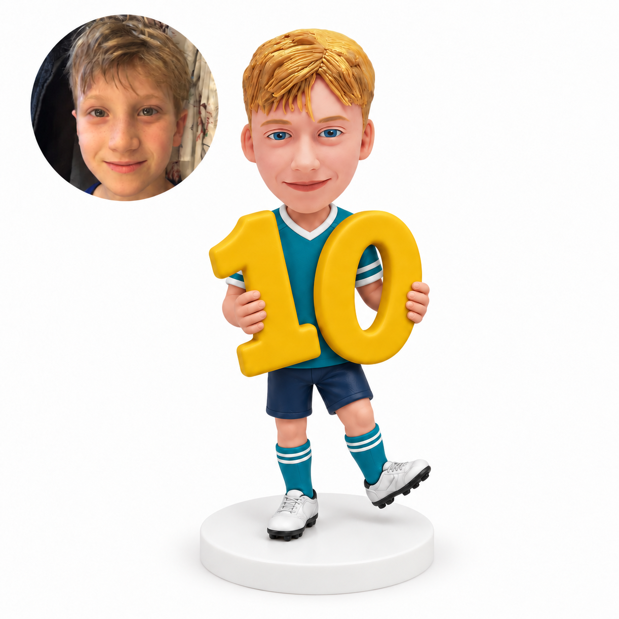 custom bobblehead figure boy holding a large number 10 in a stepping pose