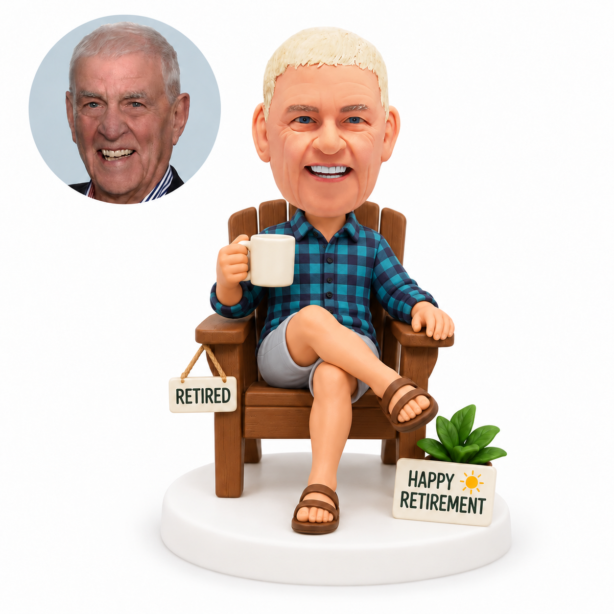 custom bobblehead figure retired man in a plaid shirt seated in an armchair with a mug and signs