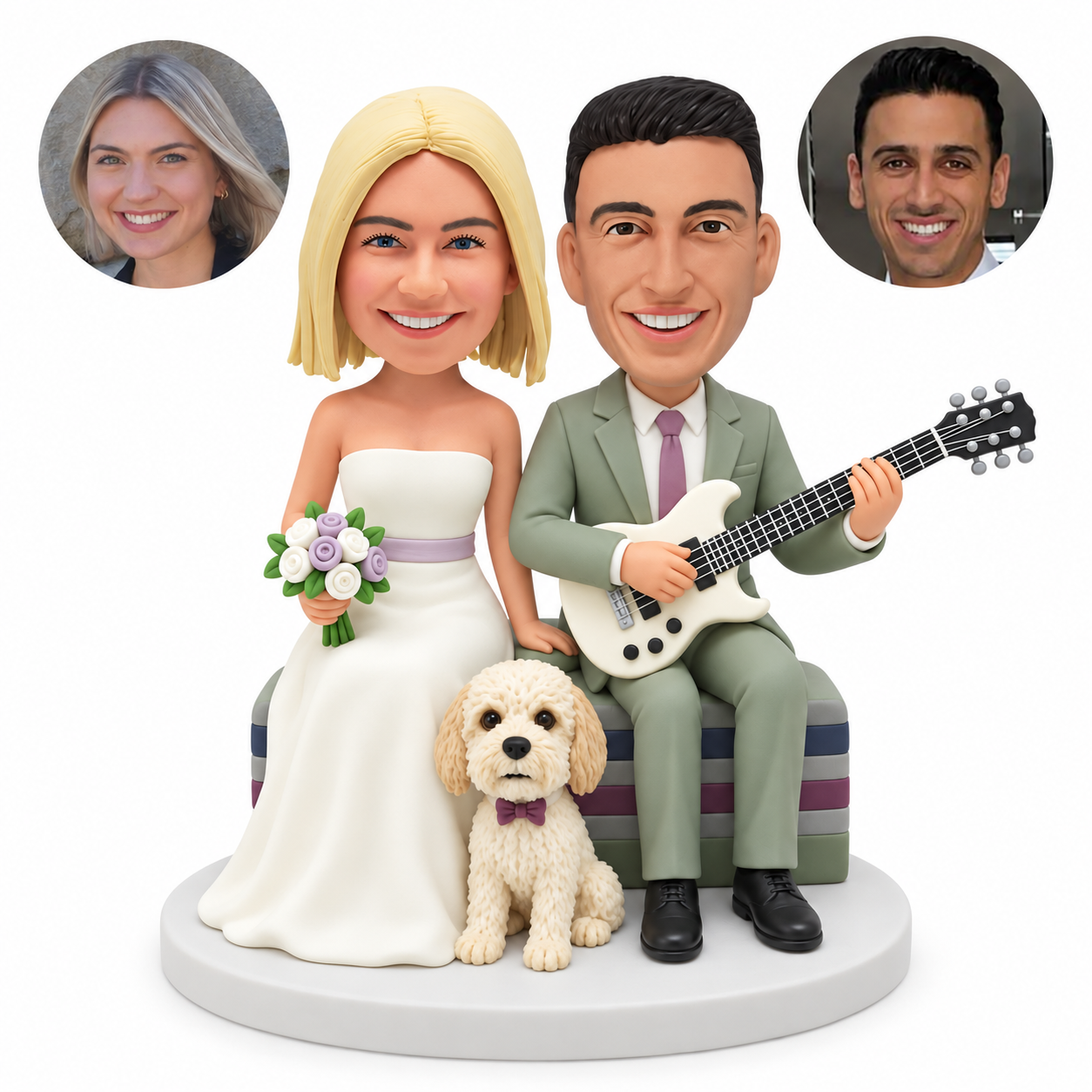 custom bobblehead figures wedding couple seated with an electric guitar and bouquet beside a fixed floppy-eared dog