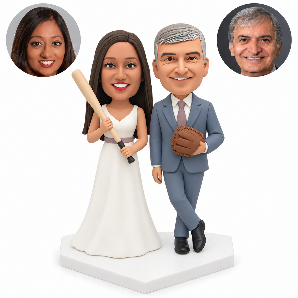 custom bobblehead figures bride holding a baseball bat with both hands beside a groom holding a mitt with crossed ankles