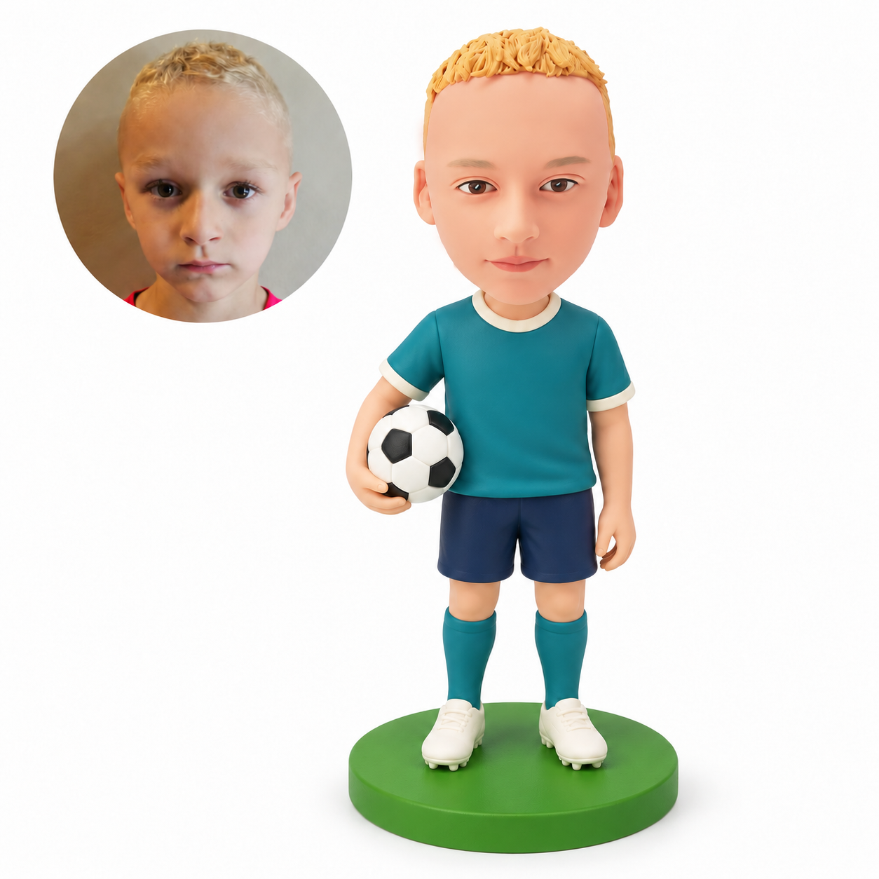custom bobblehead figure boy soccer player holding a ball at his hip with his other arm down