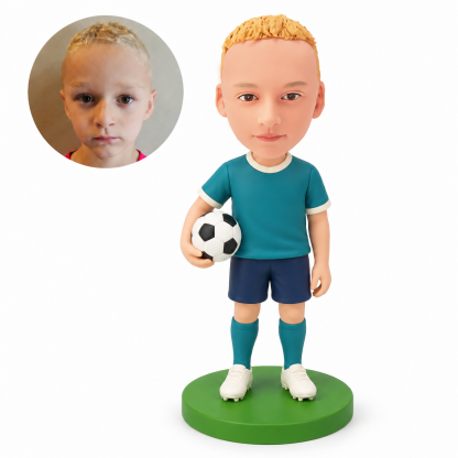 custom bobblehead figure boy soccer player holding a ball at his hip with his other arm down