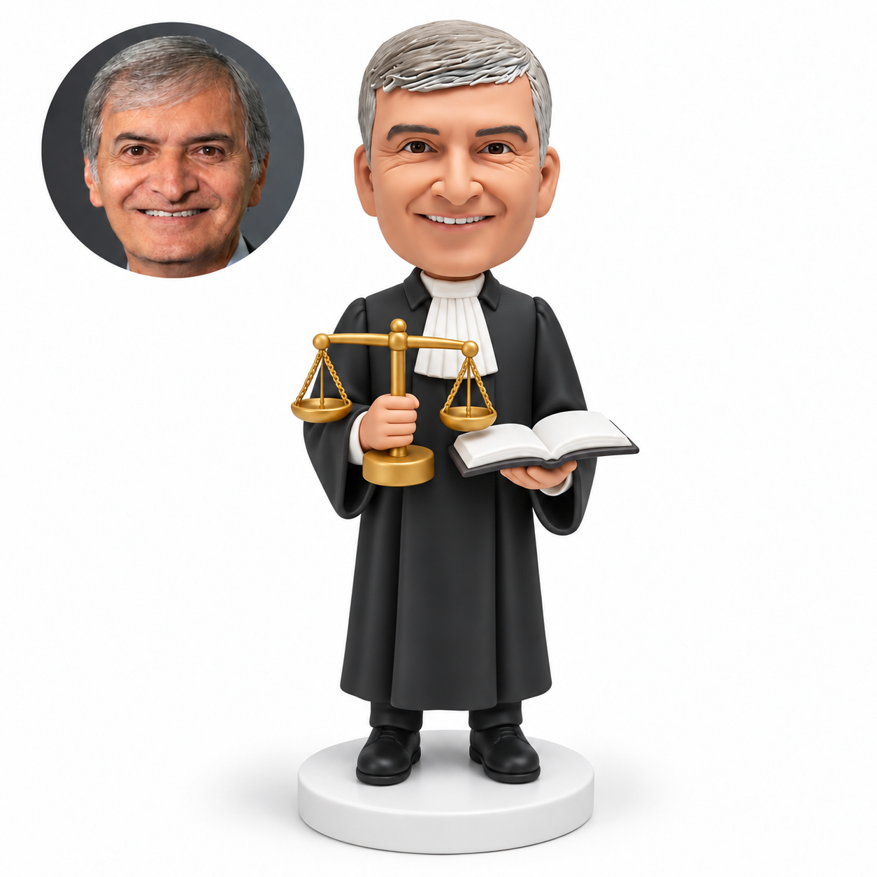 custom bobblehead figure male lawyer in a judicial gown holding scales of justice and an open law book