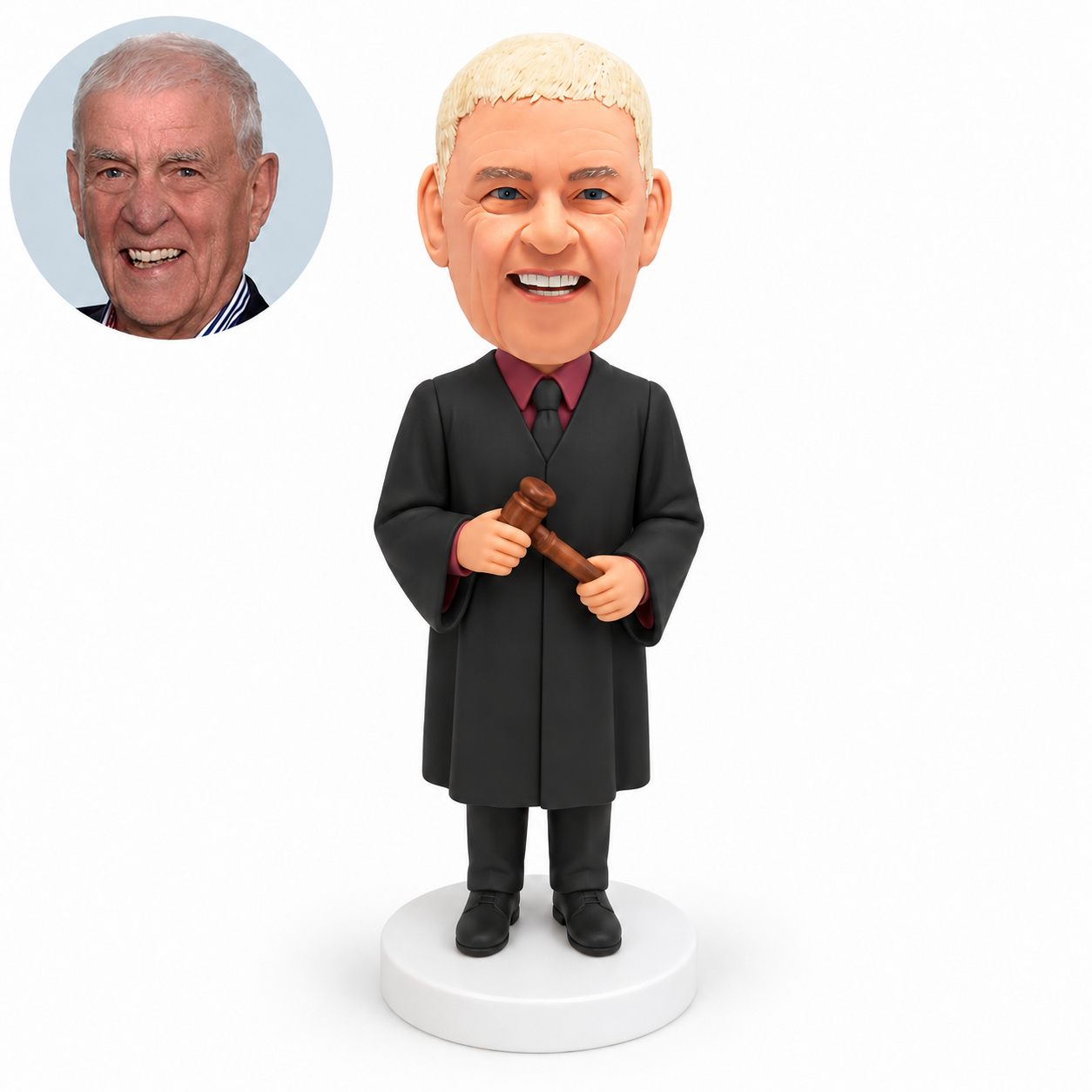custom bobblehead figure male judge holding one wooden gavel diagonally across his waist with both hands