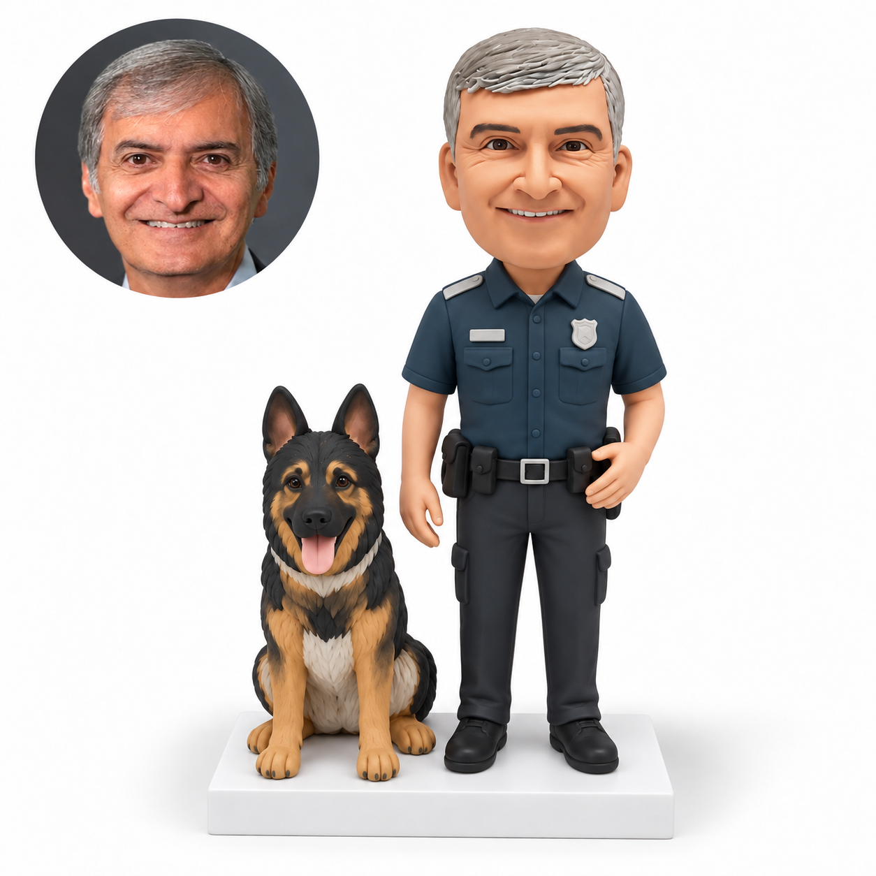 custom bobblehead figure male police officer with one hand on his belt beside a seated German Shepherd