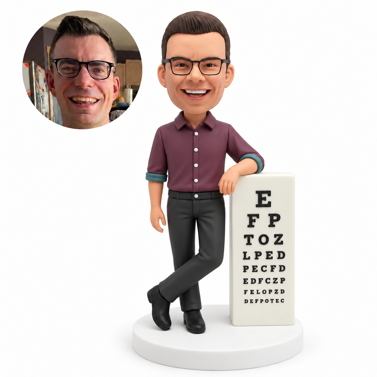 custom bobblehead figure male eye doctor resting his left forearm on a tall eye chart column with his right arm lowered and crossed ankles