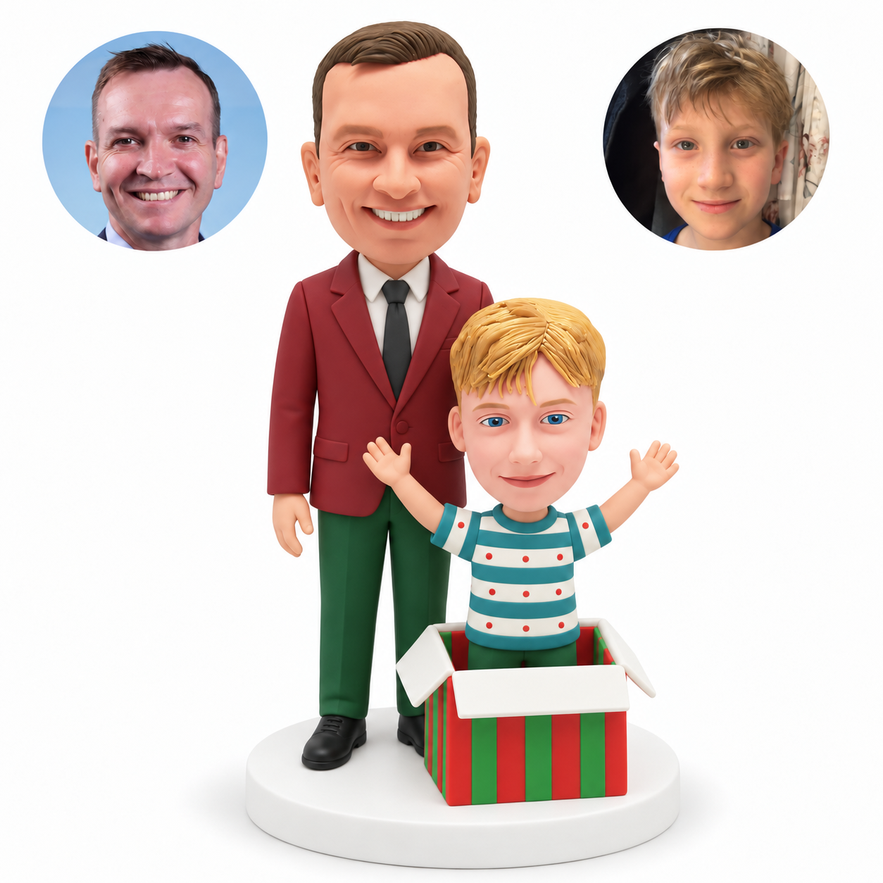 custom bobblehead figures father standing behind his son raising both arms from an open gift box