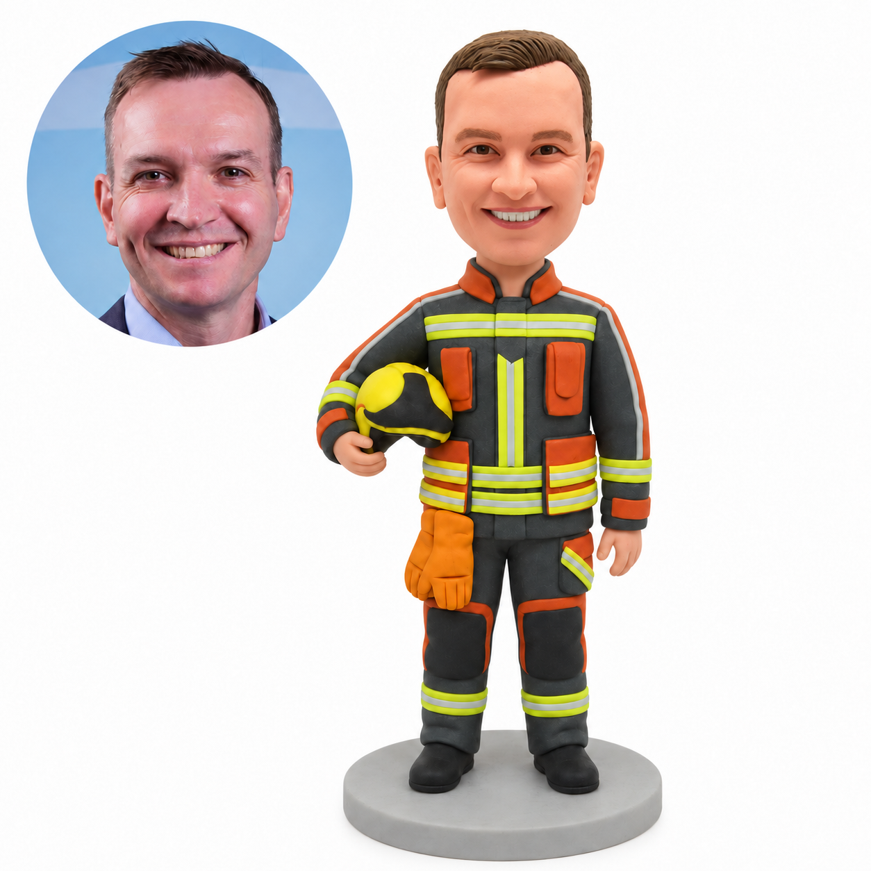 custom firefighter bobblehead figure cradling a yellow helmet in one arm