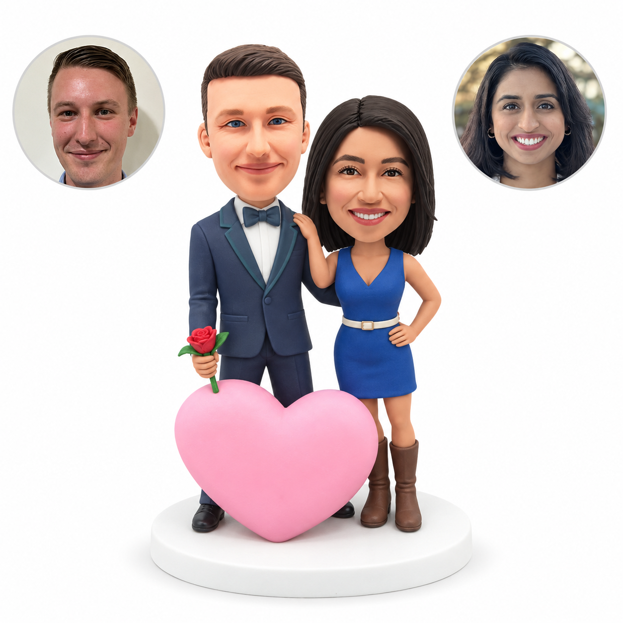 Custom clay romantic couple bobbleheads: man holding one rose beside a large pink heart, woman resting a hand on his shoulder, with matching real photo portraits.