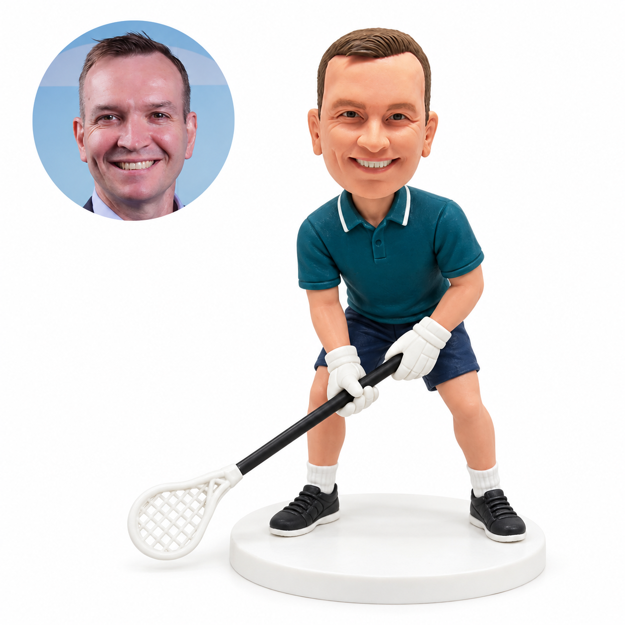 Custom male lacrosse bobblehead leaning forward, gripping a low diagonal stick with both white-gloved hands, with a matching real photo portrait.