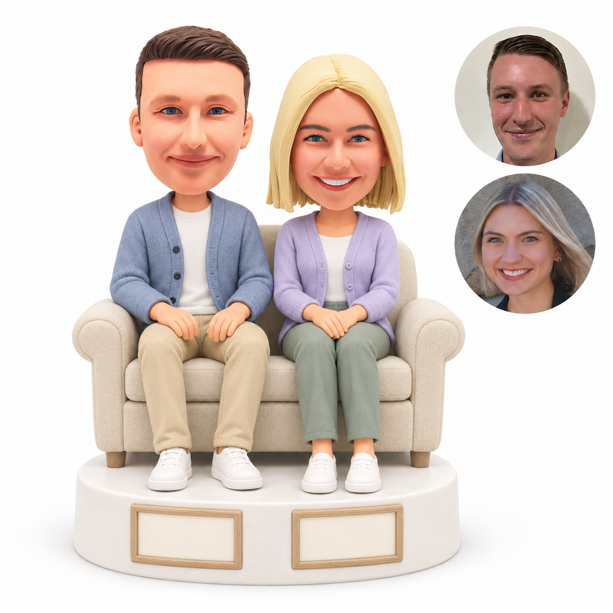 custom bobbleheads figures couple seated on a sofa with a framed base