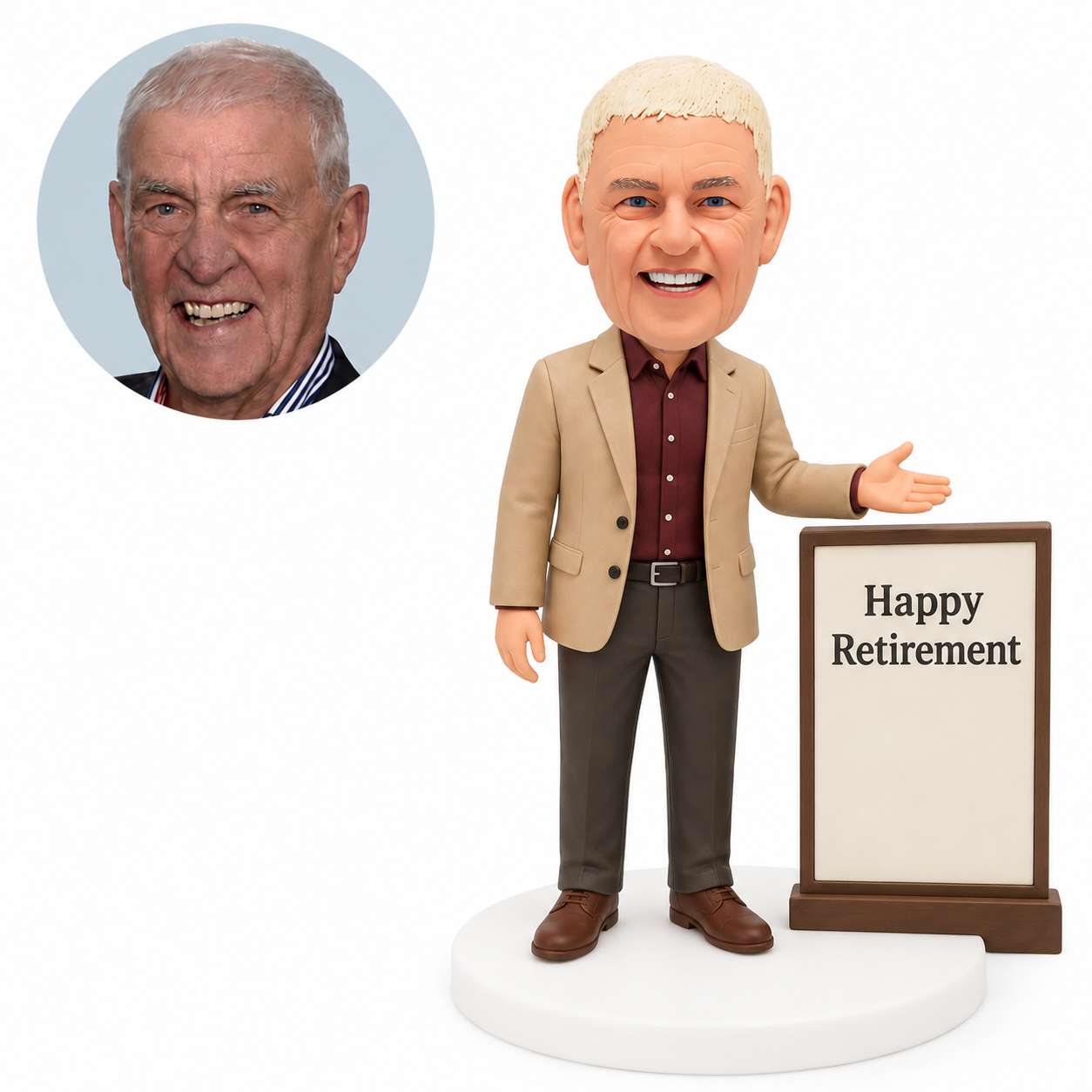 custom bobblehead figure retired man beside a retirement message board