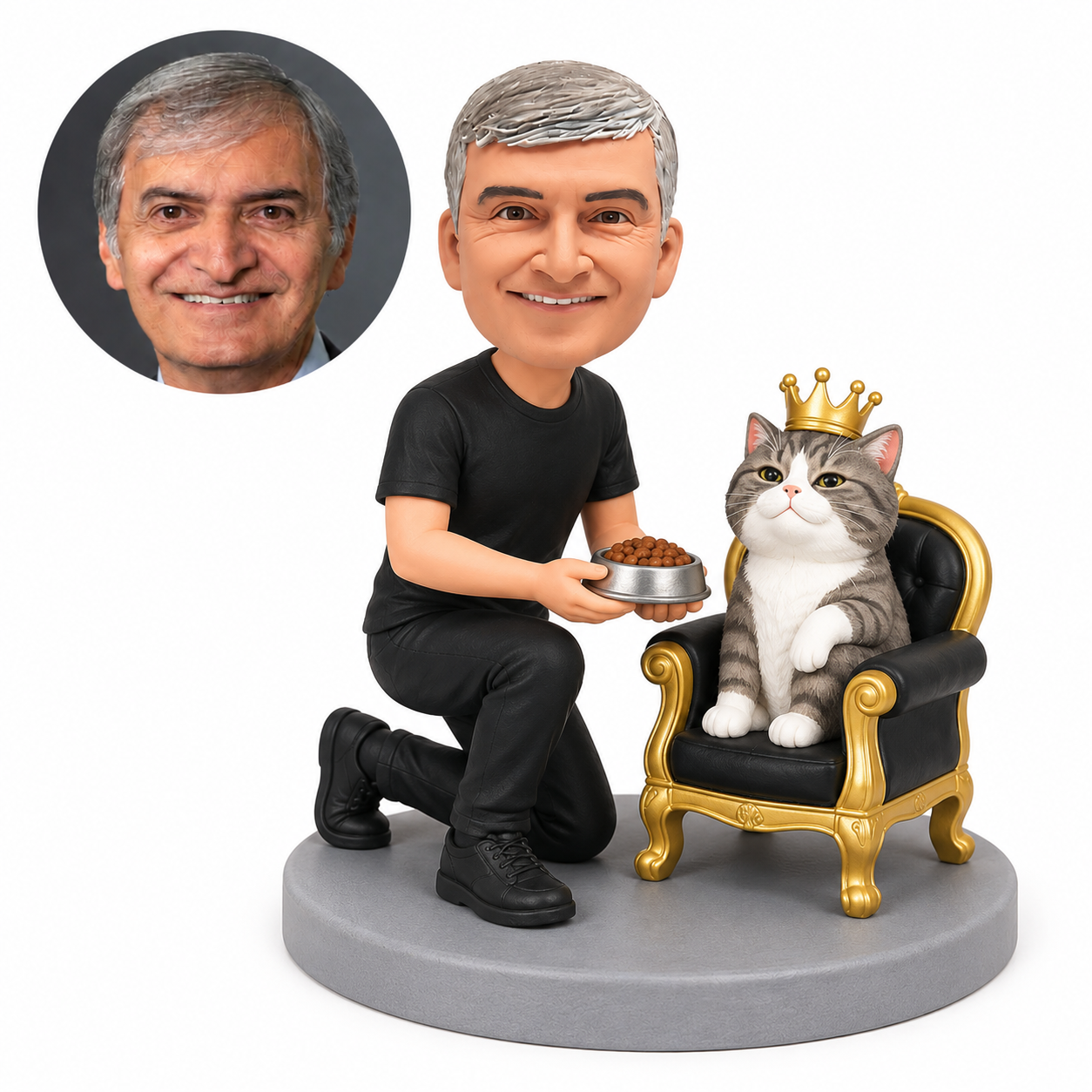 custom bobblehead figure man kneeling beside a crowned cat on a throne