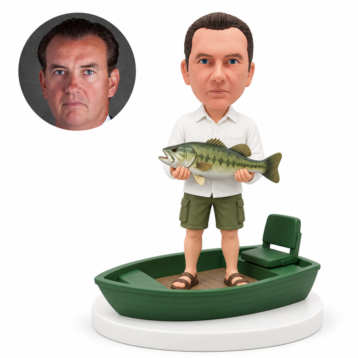 custom bobblehead figure fisherman holding a fish in a boat with a backrest seat