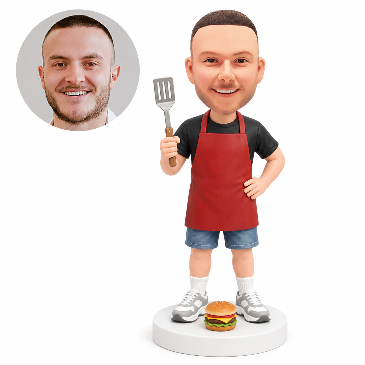 custom bobblehead figure barbecue cook holding a spatula beside a burger