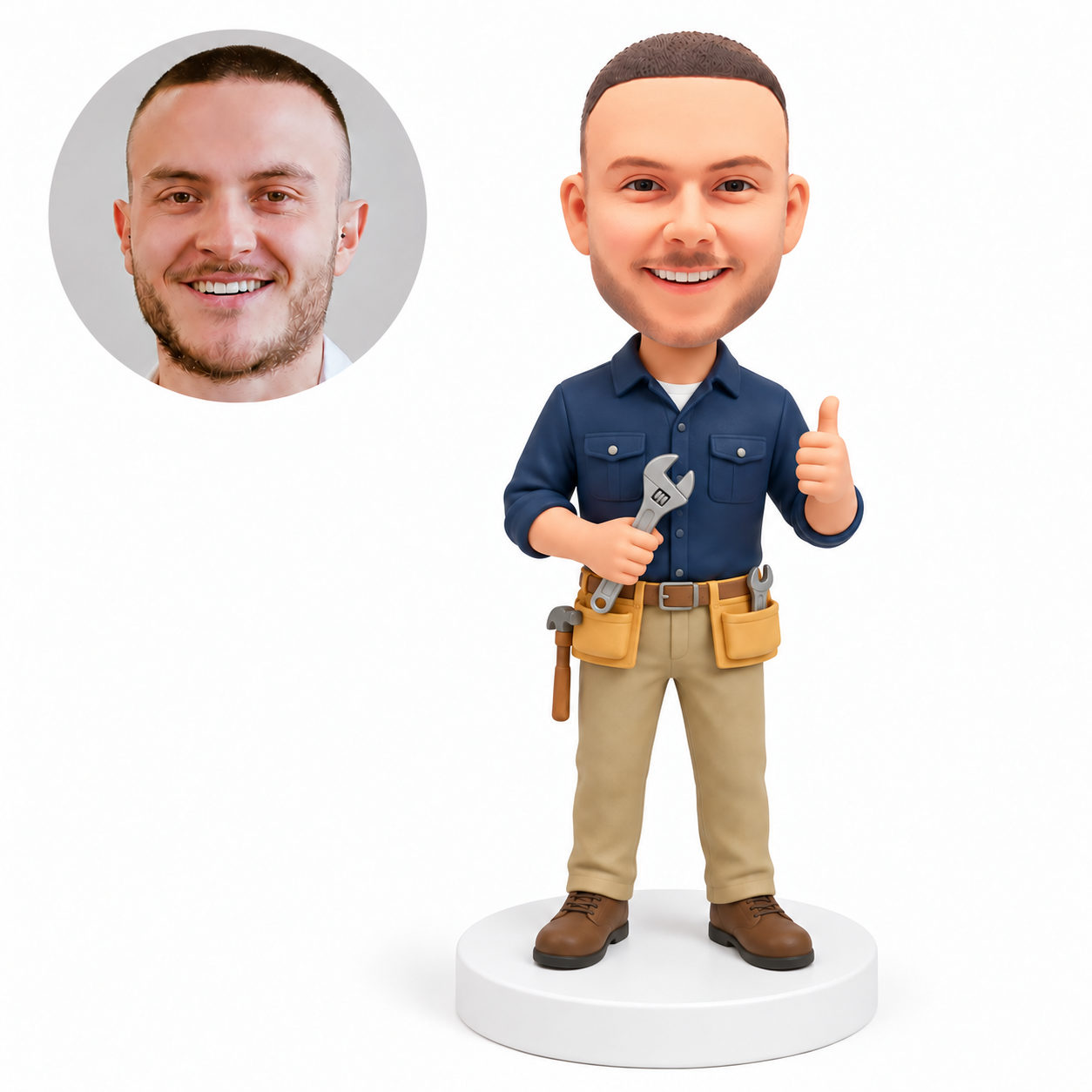 custom bobblehead figure handyman with a tool belt holding a wrench and giving a thumbs up