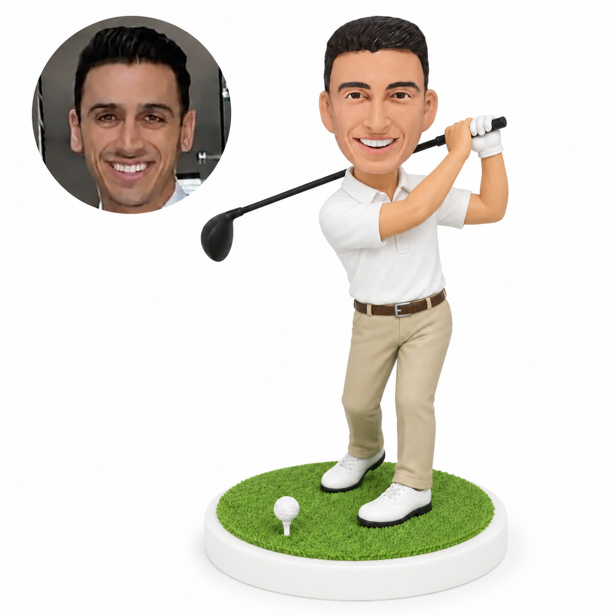 custom bobblehead figure golfer preparing a swing with a driver and both feet planted
